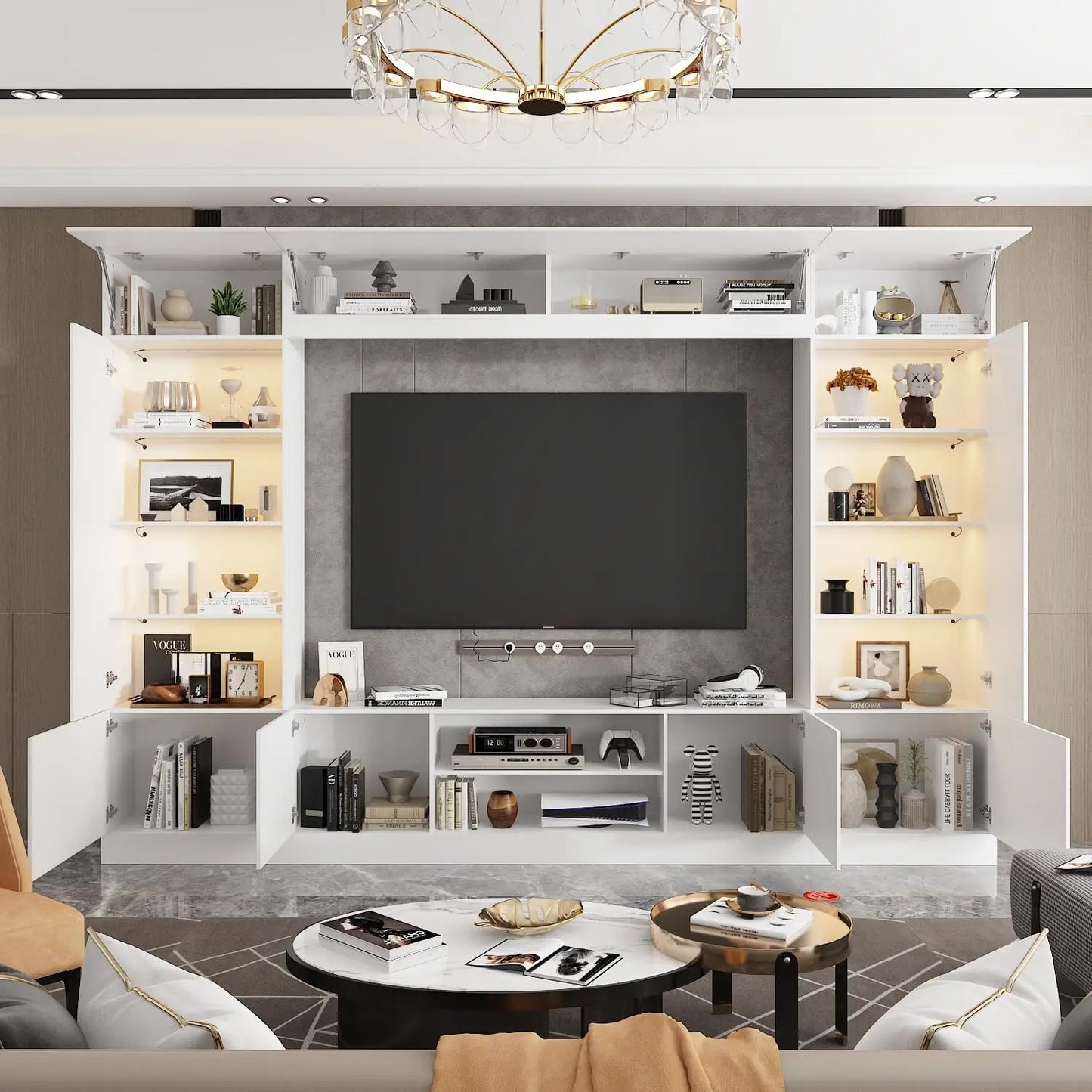 White 114" Large Wall Unit Entertainment Center with Bookshelves, Lights and 18 Shelves, Modern  Console Table  Home Theater