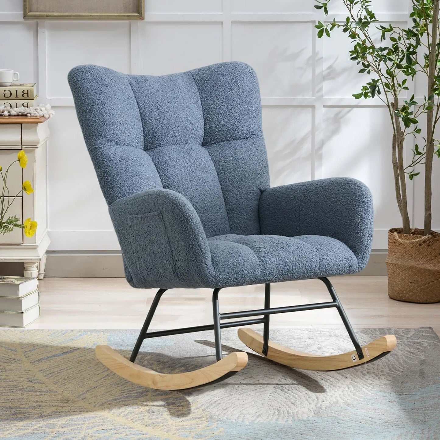 Nursery Rocking Chair Teddy Upholstered Glider Rocker Rocking Accent Chair with High Backrest Armchair Comfy Side Chair