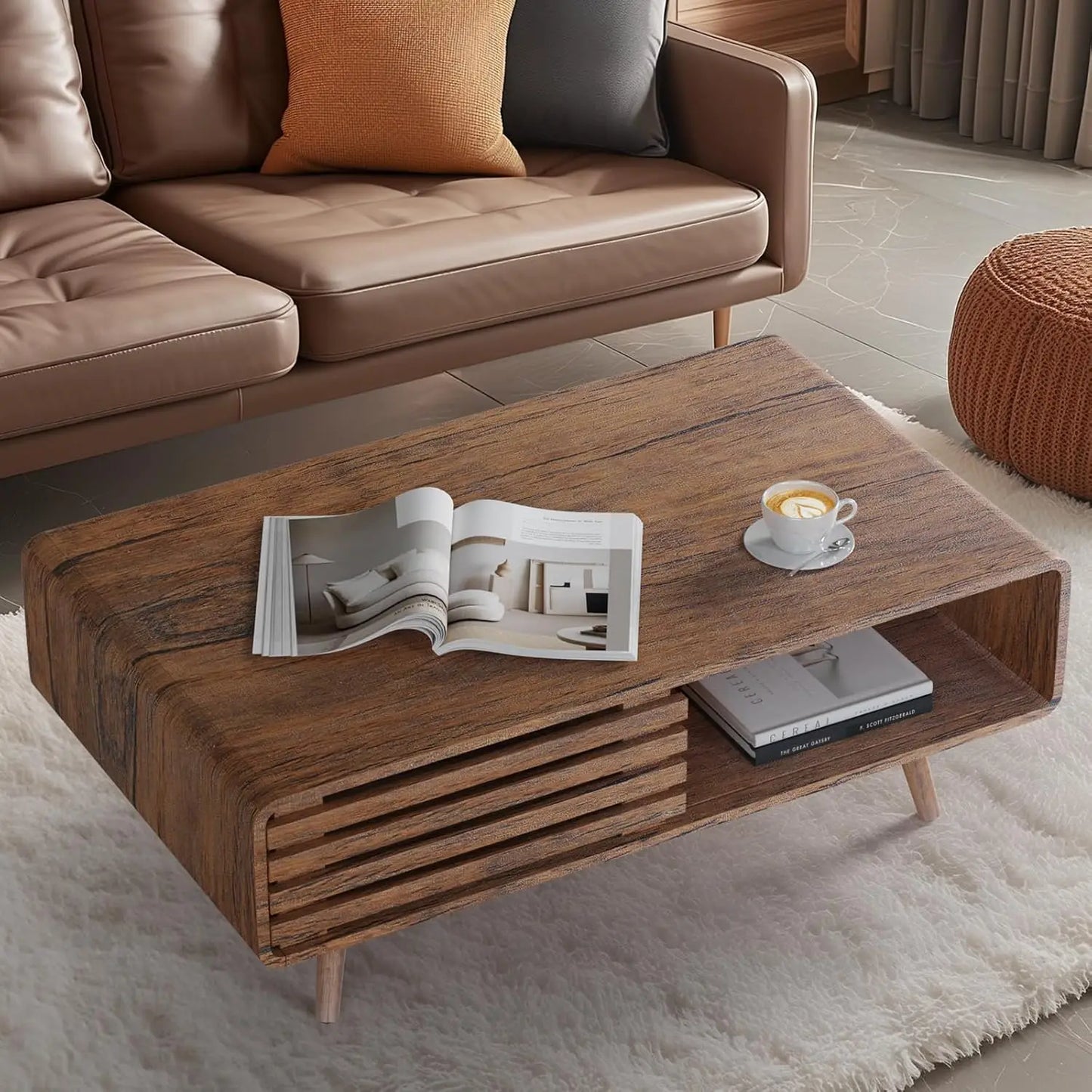 Coffee Table with Storage, Farmhouse Wood Tables for Living Room, Easy Assembly, Suitable for Various Home Styles