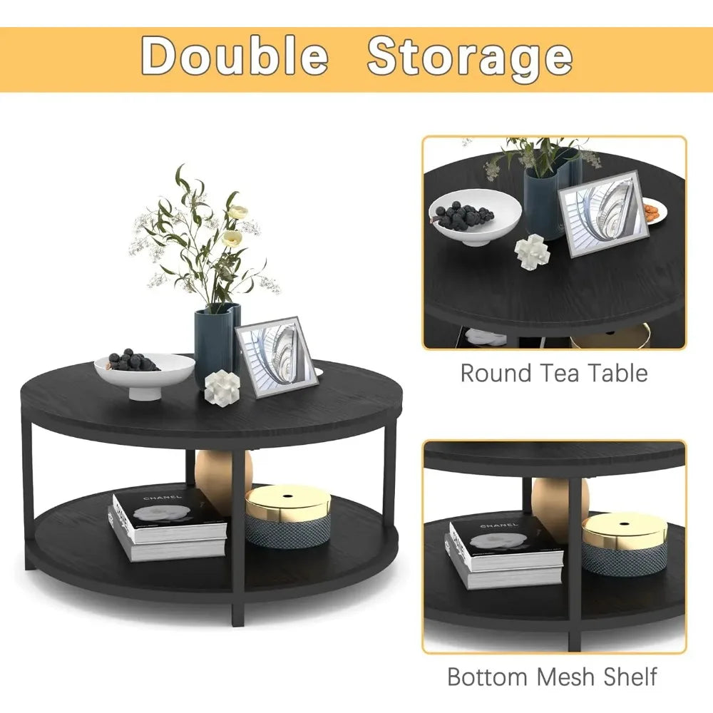 36 inches Round Coffee Table, Rustic Wooden Surface Top & Sturdy Metal Legs Industrial Sofa Table with Storage Open Shelf(Black)