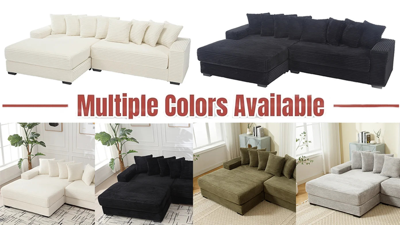 Oversized Two-Piece  Couches,  L Shaped Sofa, Corduroy, Left Chaise Daybed,with Armrests,Eight Throw Pillows,Corner Sofa