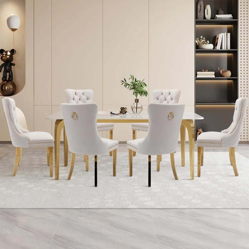 Velvet Upholstered Dining Chairs Set of 6, Nailhead Trim and Gold Plated Leg, Metal Pulling Ring, Modern Style Kitchen Chairs
