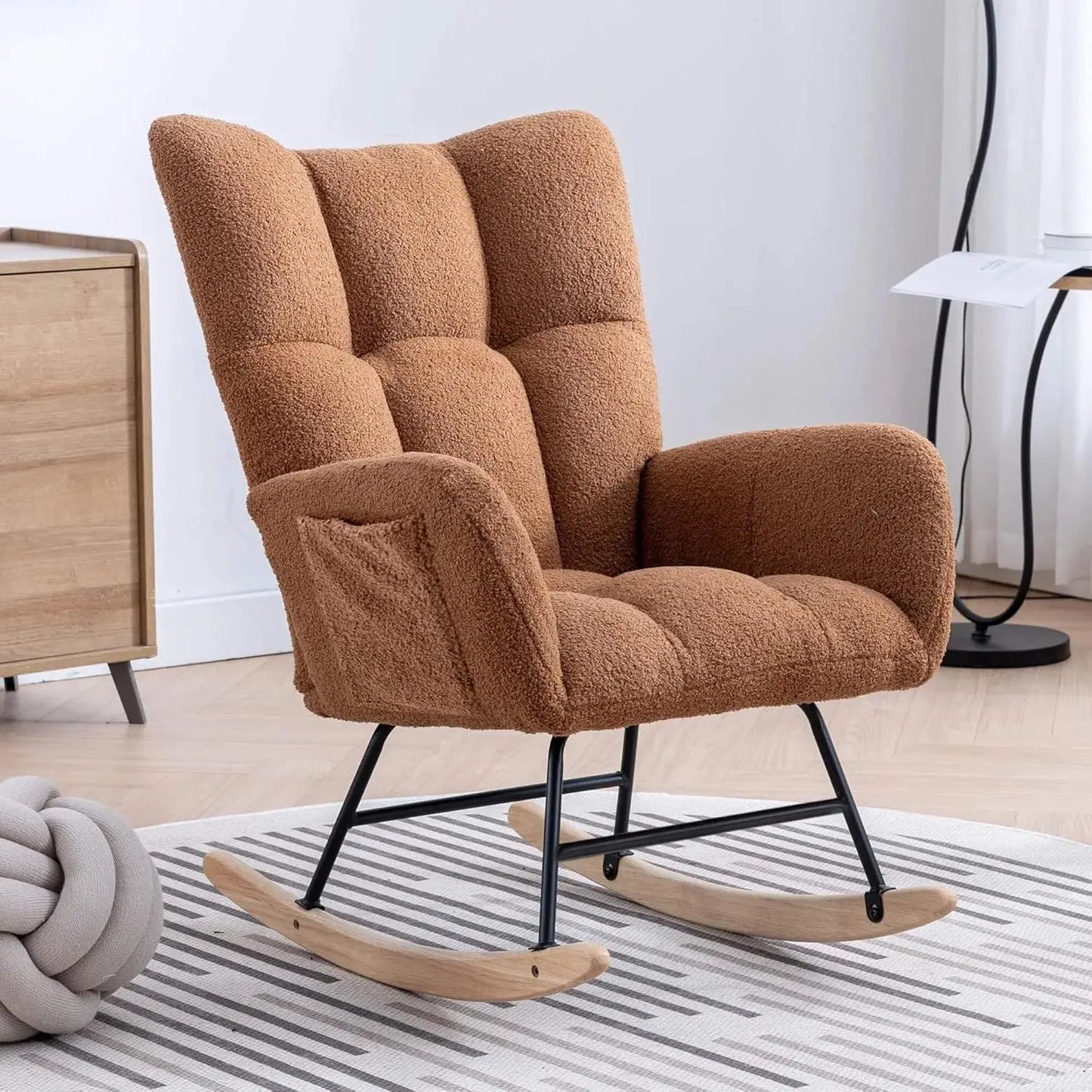 Nursery Rocking Chair Teddy Upholstered Glider Rocker Rocking Accent Chair with High Backrest Armchair Comfy Side Chair