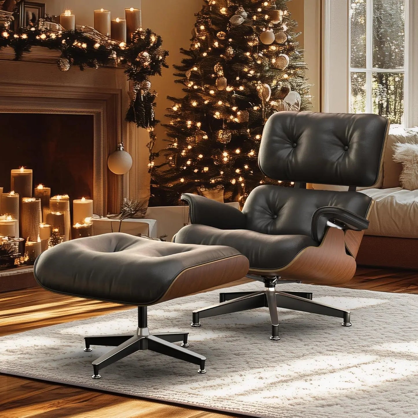 Black Grained Leather, Mid-century Lounge Chair and Footstool, Modern Chair Classic Design, Walnut, Heavy Base Support