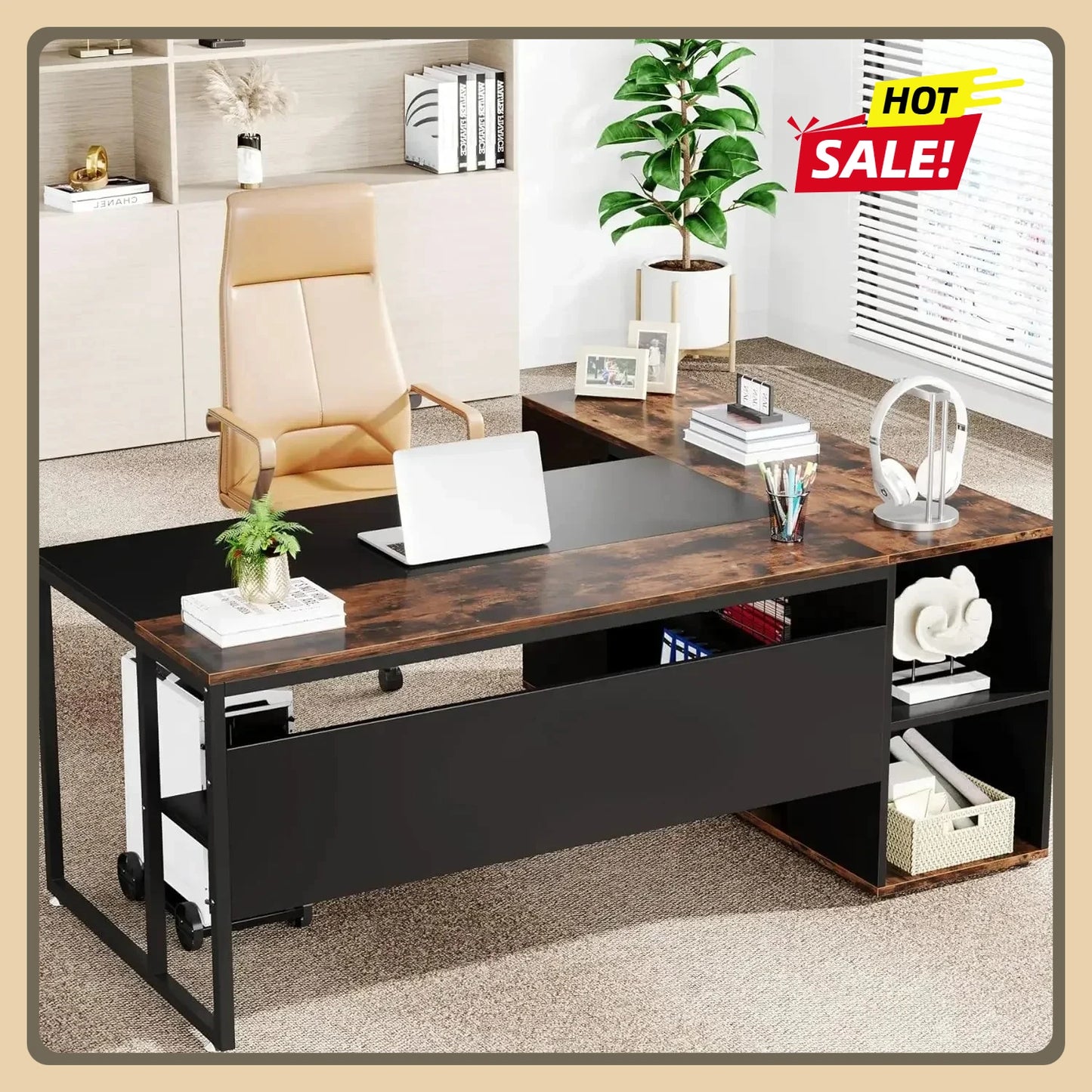 Executive Desk with Cabinet Storage, 71 inch L Shaped Desk, Executive Office Desk with Shelves, Business Brown and Black