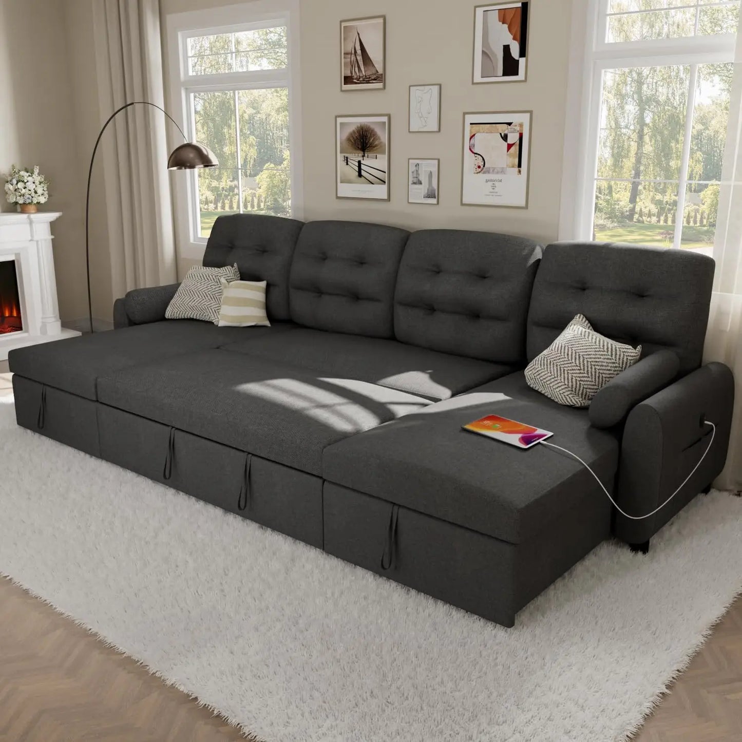 Sectional Sofa Couch, 87" Sleeper Sofa Bed with Reversible Storage Chaise Pull Out Couch for Living Room | Side Pocket