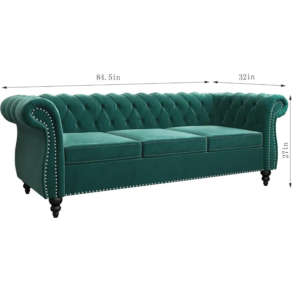 Chesterfield Sofa Velvet, Modern Tufted Couch 3 Seater with Rolled Arms and Nailhead for Living Room, Bedroom, Office, Apartment