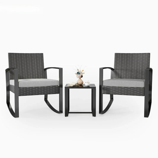 3-Piece Patio Furniture Set, Rocking Wicker Chair with Soft Cushion and Coffee Table, for Garden, Balcony, Backyard, Gray