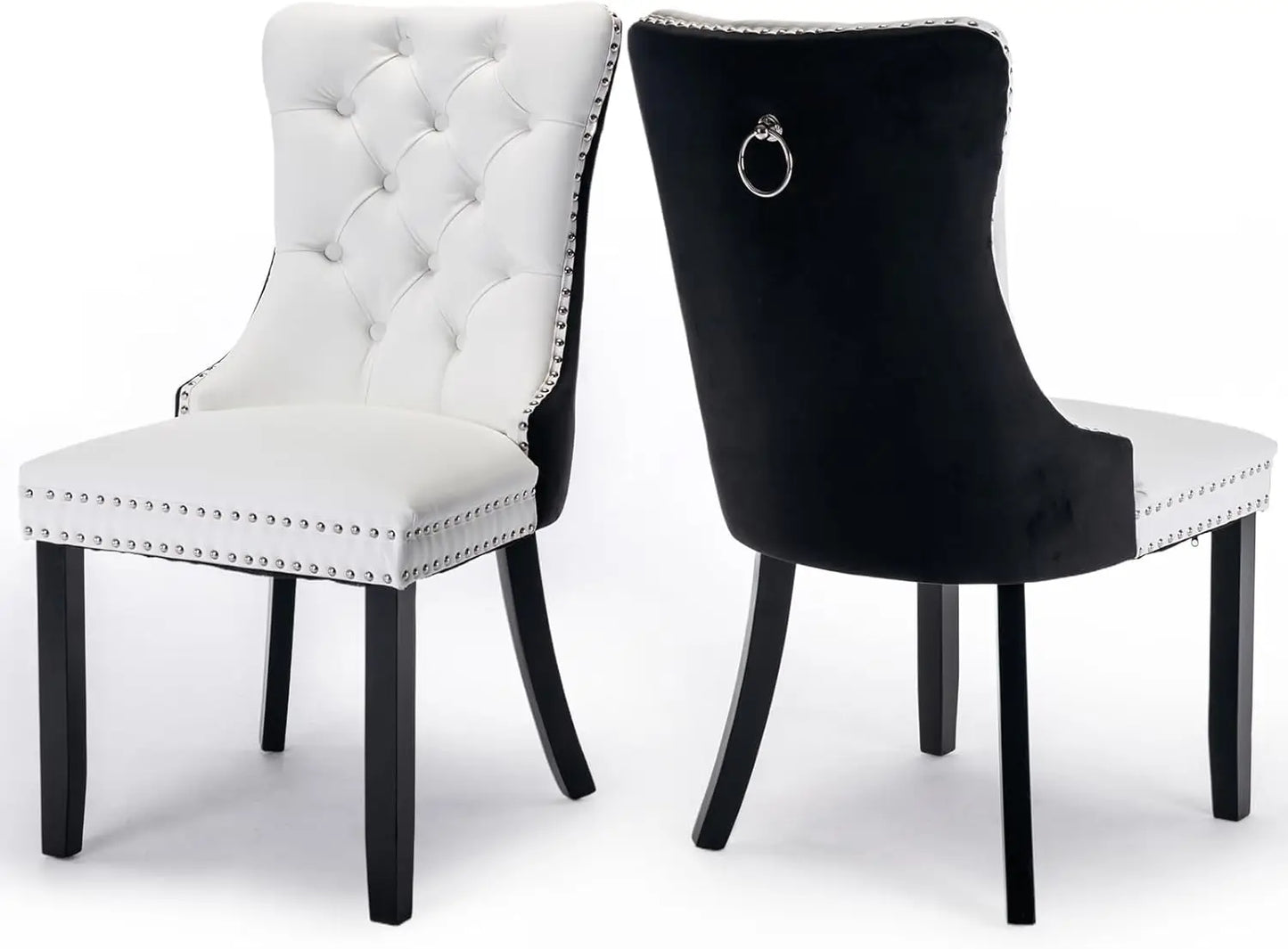 Velvet Upholstered Dining Chairs Set of 6, Nailhead Trim and Gold Plated Leg, Metal Pulling Ring, Modern Style Kitchen Chairs