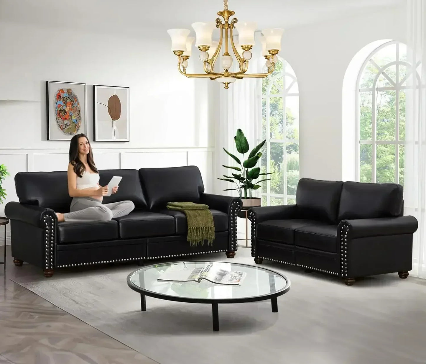 Upholstered PU Leather Sofa Couch Set,  Modern Loveseat Sofa+3 Seater Couch with Storage Space Furniture Set Living Room Sofas