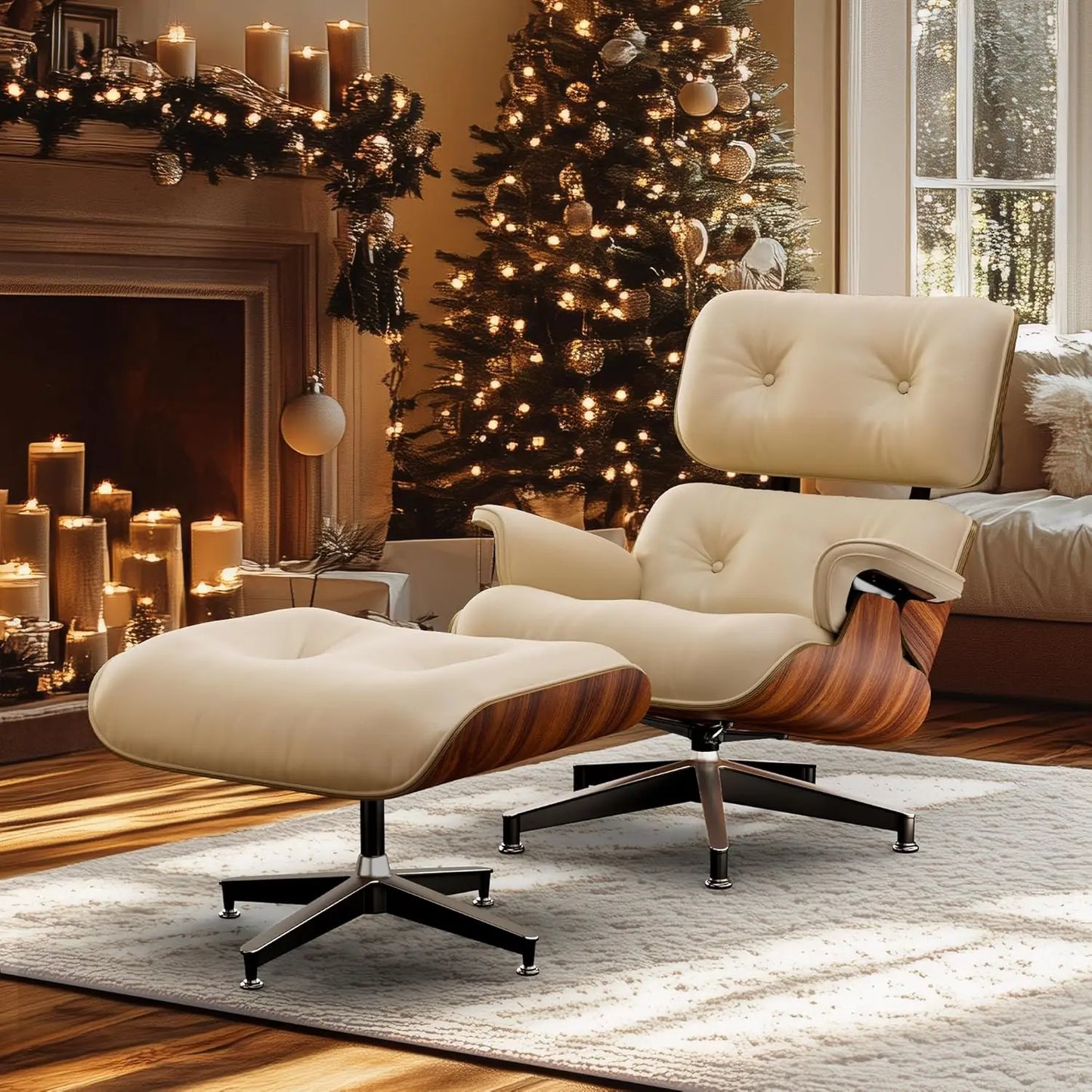 Black Grained Leather, Mid-century Lounge Chair and Footstool, Modern Chair Classic Design, Walnut, Heavy Base Support