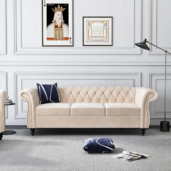 Chesterfield Sofa Velvet, Modern Tufted Couch 3 Seater with Rolled Arms and Nailhead for Living Room, Bedroom, Office, Apartment
