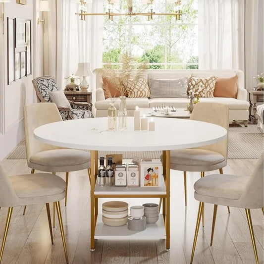47 Inches Dining Table Kitchen Tables for Dining Room, 4 People Round Dinner Table with Storage Shelves for Room, (Only Table)