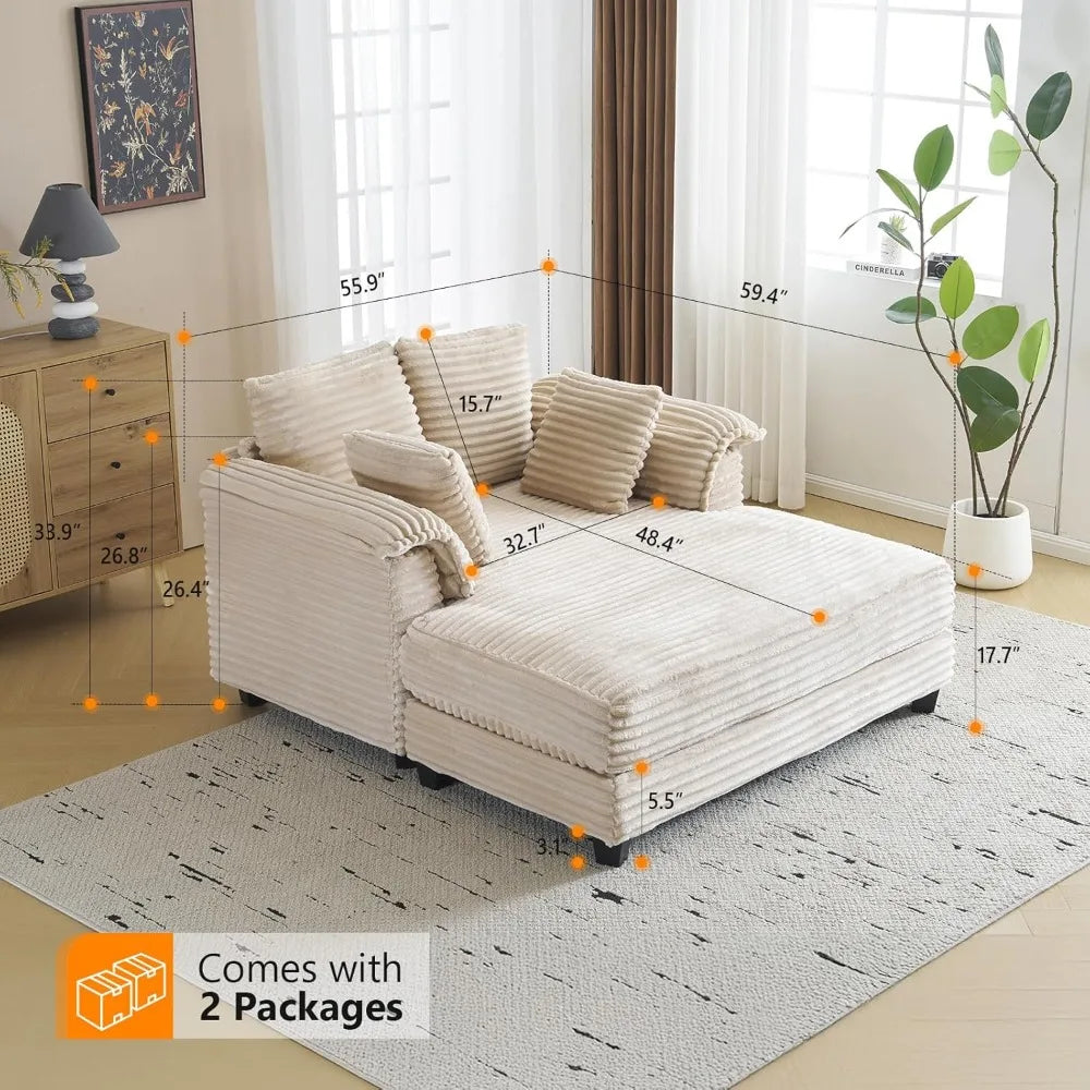 Living Room Chair,  56" Oversized Chaise Lounge Chair, Beige Comfy Corduroy Chaise Sofa Recliner Bed Upholstered Sleeper Couch