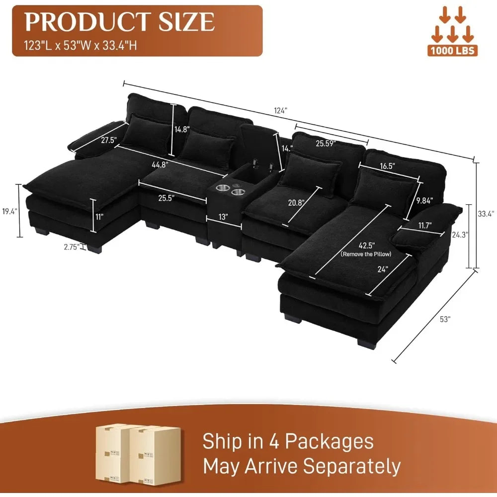 U Shape Sectional Sofa Cloud Couch,124" Chenille Comfy Couches for Living Room, Modern Upholstered Large Modular Sofa