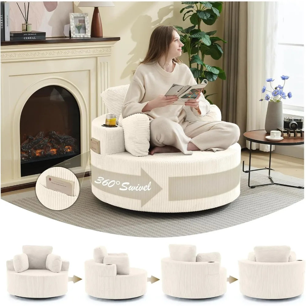 Swivel Accent Chair 37" W Oversized Swivel Recliner Comfy Upholstered Round Barrel Chair,with Ottoman,for Living Room