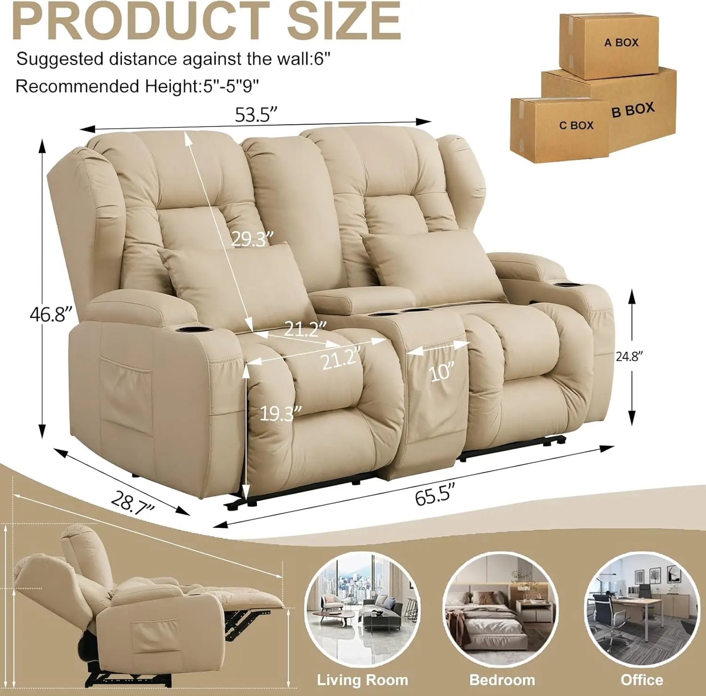 65.5" RV Loveseat Recliner Double Recliner RV Sofa & Console | RV Couch | RV Furniture, Home Theater Seating… (Beige)