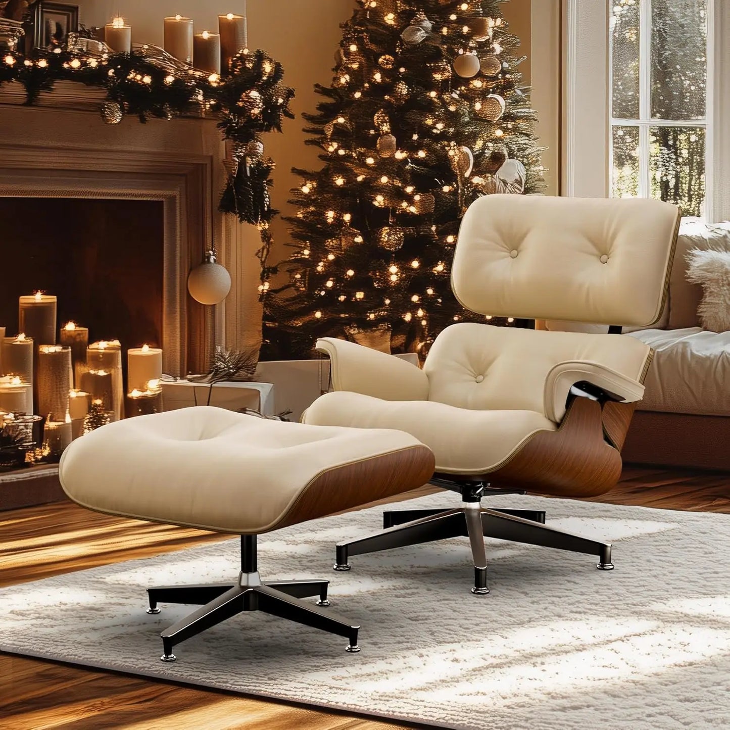 Black Grained Leather, Mid-century Lounge Chair and Footstool, Modern Chair Classic Design, Walnut, Heavy Base Support