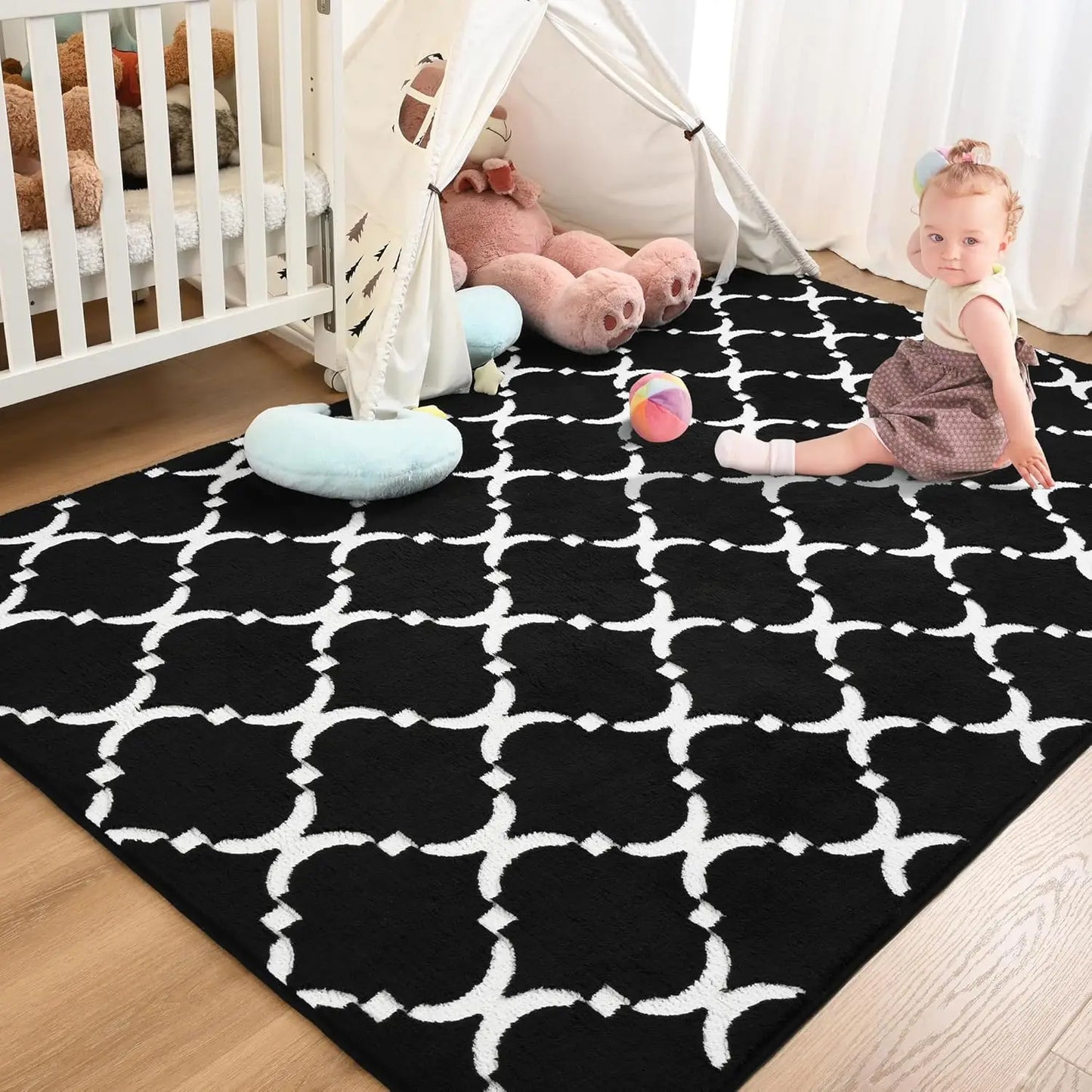 Large Shag Area Rug Memory Foam Living Room Rug 6x9 Feet, Black Plush Geometric Bedroom Rug, Indoor Carpet for Kids Room Decor